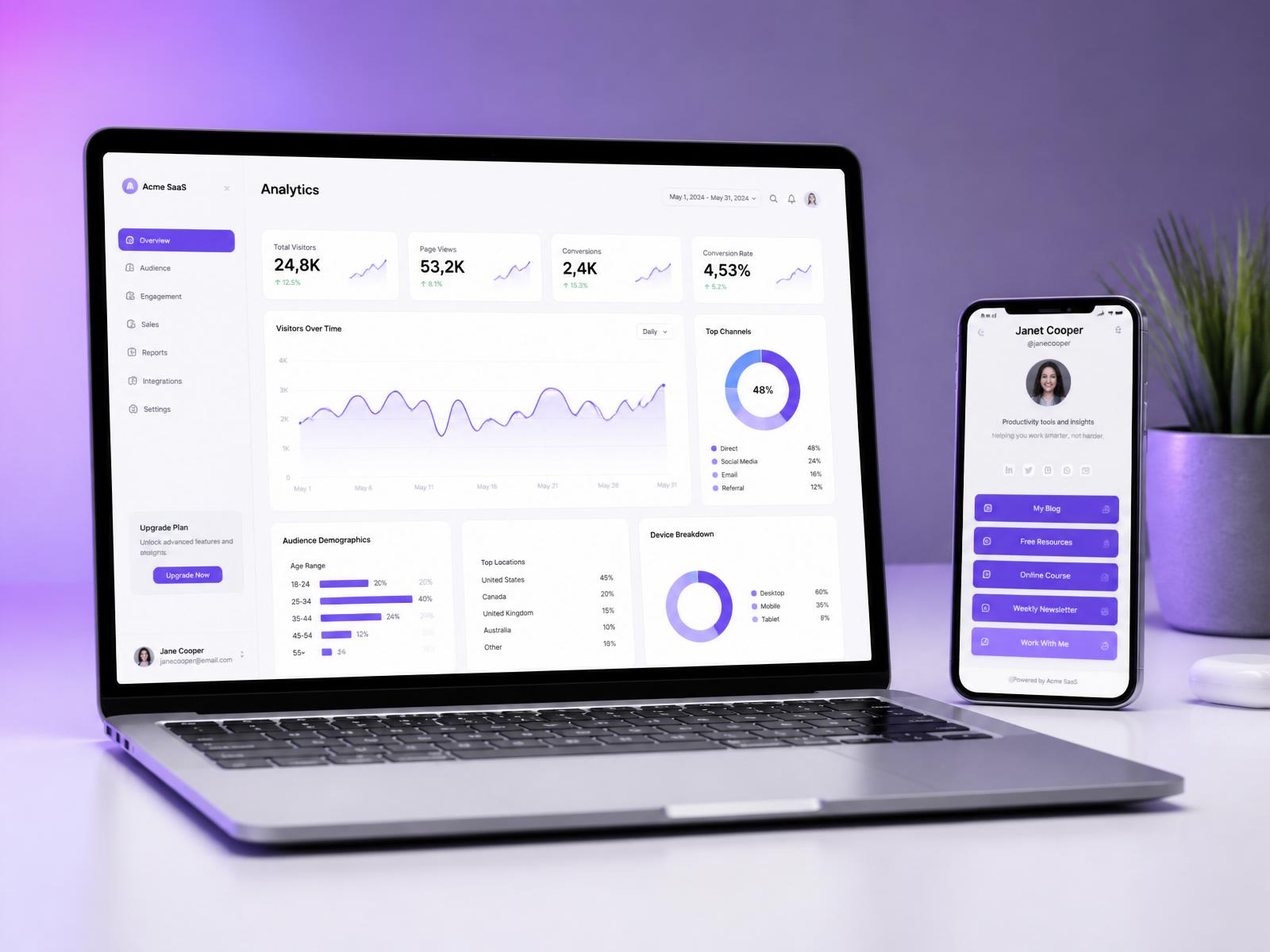 Dopy analytics dashboard on a laptop next to a mobile link-in-bio page